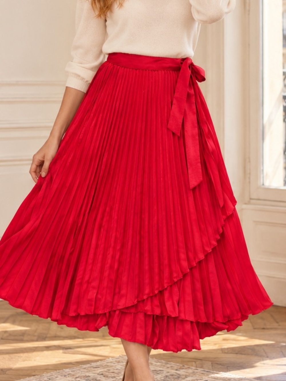 Banana Republic Red Pleated Wrap Midi Skirt Tie Waist Size Small